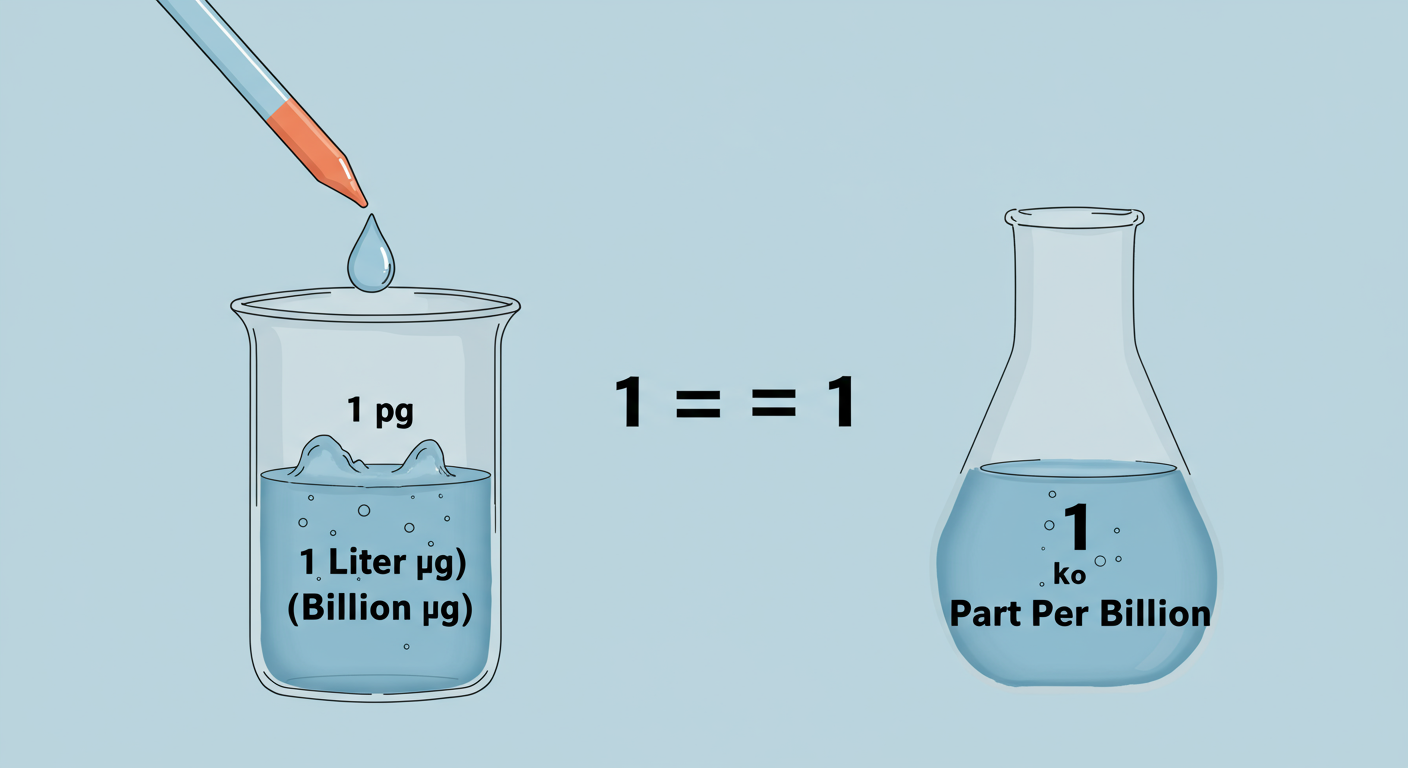 microgram per liter to ppb - Educational infographic showing a drop of a substance labeled '1 µg' falling into a beaker of water labeled '1 Liter (1 Billion µg)'. An equals sign connects this to an icon representing '1 Part Per Billion'.