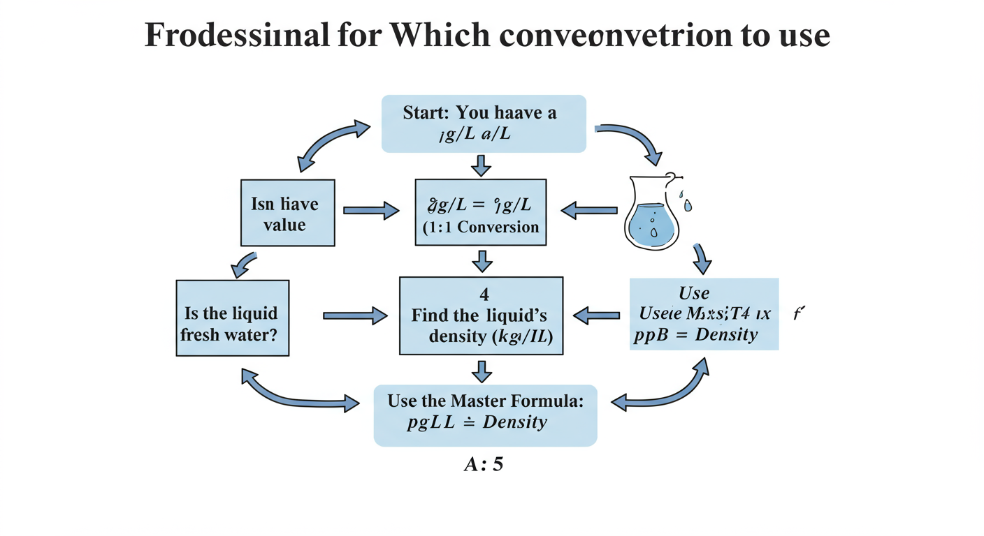 microgram per liter to ppb - Professional minimalist flowchart for deciding which conversion method to use. Box 1: 'Start: You have a µg/L value'. Arrow to Box 2: 'Is the liquid dilute fresh water?'. 'Yes' arrow to Box 3: 'µg/L = ppb (1:1 Conversion)'. 'No' arrow to Box 4: 'Find the liquid's density (kg/L)'. Arrow to Box 5: 'Use the Master Formula: ppb = µg/L ÷ Density'.