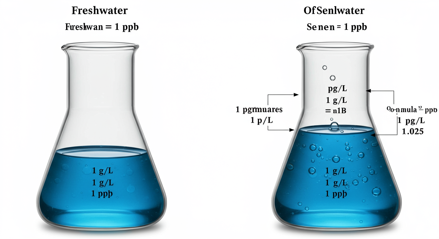 microgram per liter to ppb - Detailed comparison table as a high-quality graphic. Left side shows a beaker of freshwater with '1 µg/L = 1 ppb'. Right side shows a beaker of seawater with '1 µg/L ≠ 1 ppb' and the formula 'ppb = µg/L ÷ 1.025'.