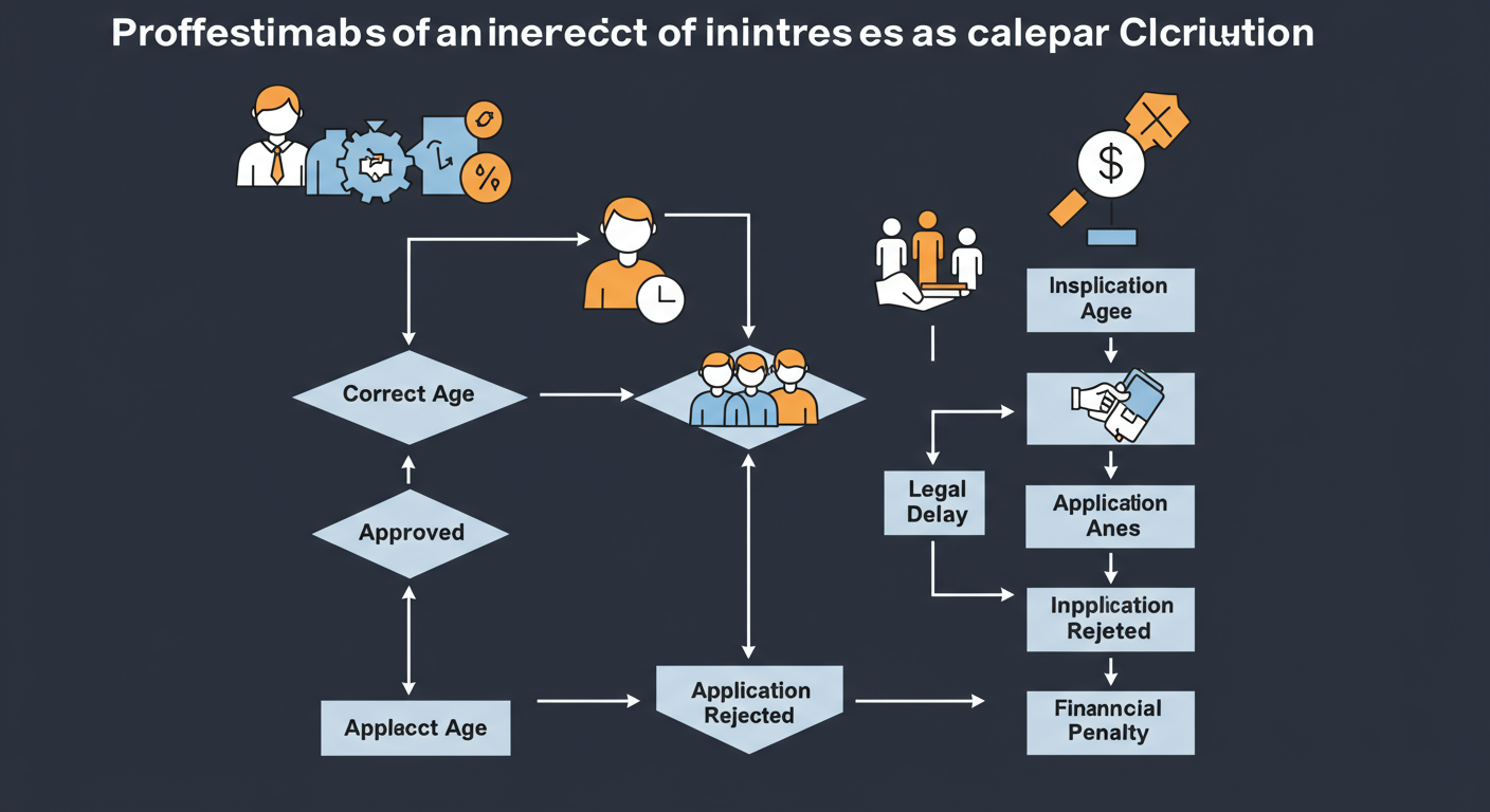 chronological age calculator - A professional flowchart diagram illustrating the consequences of an incorrect age calculation. One path shows 'Correct Age' leading to 'Application Approved'. The other path shows 'Incorrect Age' leading to 'Application Rejected', 'Legal Delay', and 'Financial Penalty'.