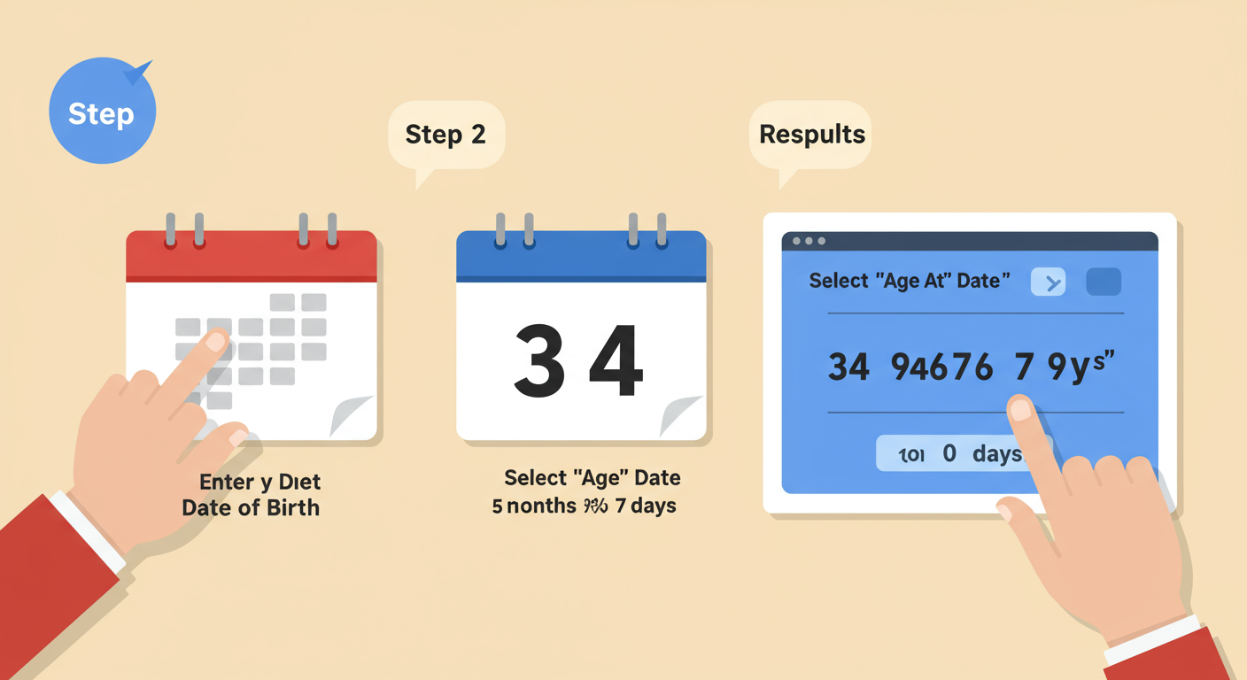 chronological age calculator - A step-by-step diagram for using an online age calculator. Step 1: A calendar icon with 'Enter Date of Birth'. Step 2: A second calendar icon with 'Select "Age At" Date'. Step 3: A results screen showing '34 years, 5 months, 7 days'.