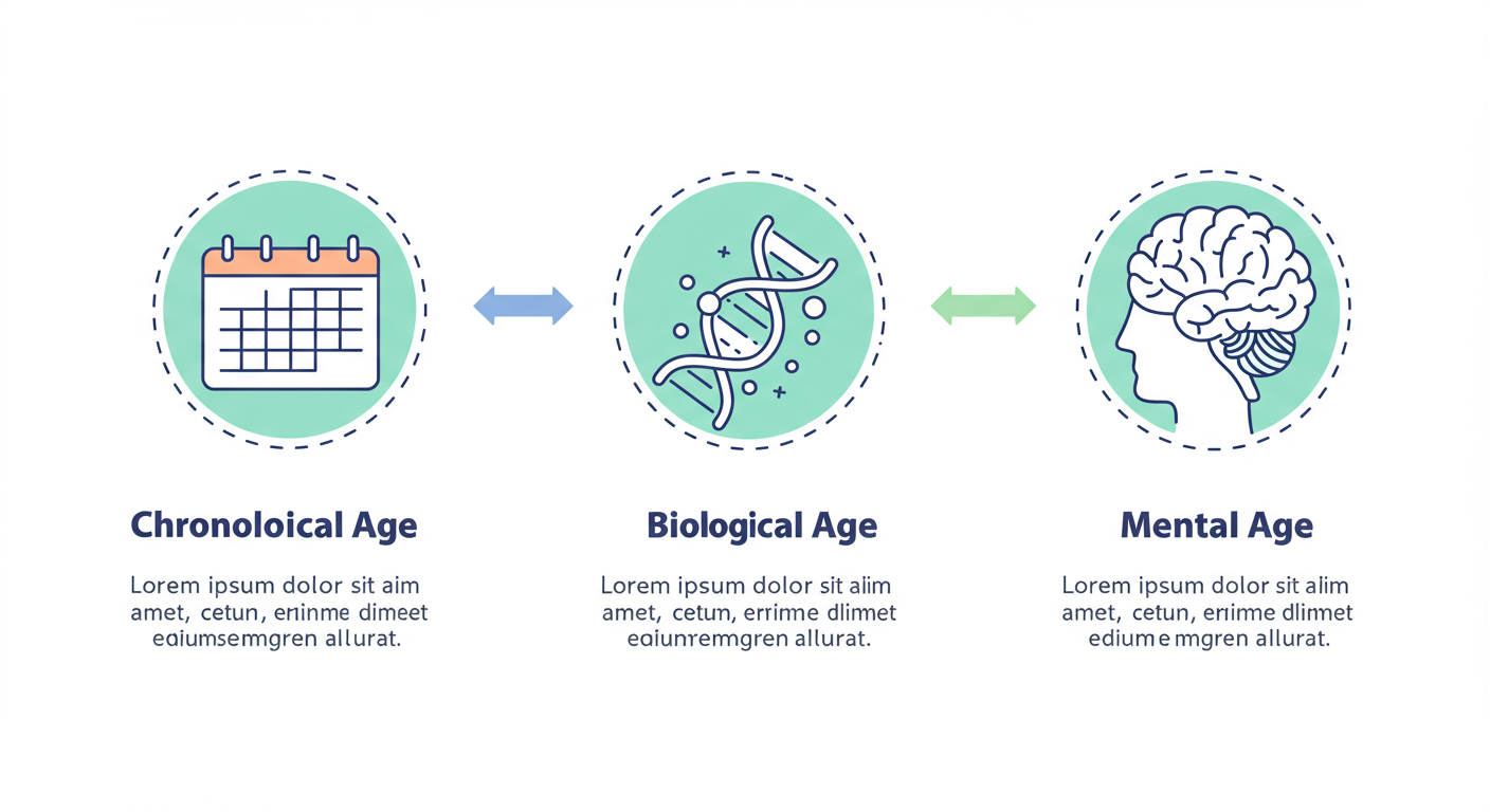 chronological age calculator - A clean, professional infographic visually comparing Chronological Age, Biological Age, and Mental Age with simple icons for each (a calendar, a DNA strand, a brain).