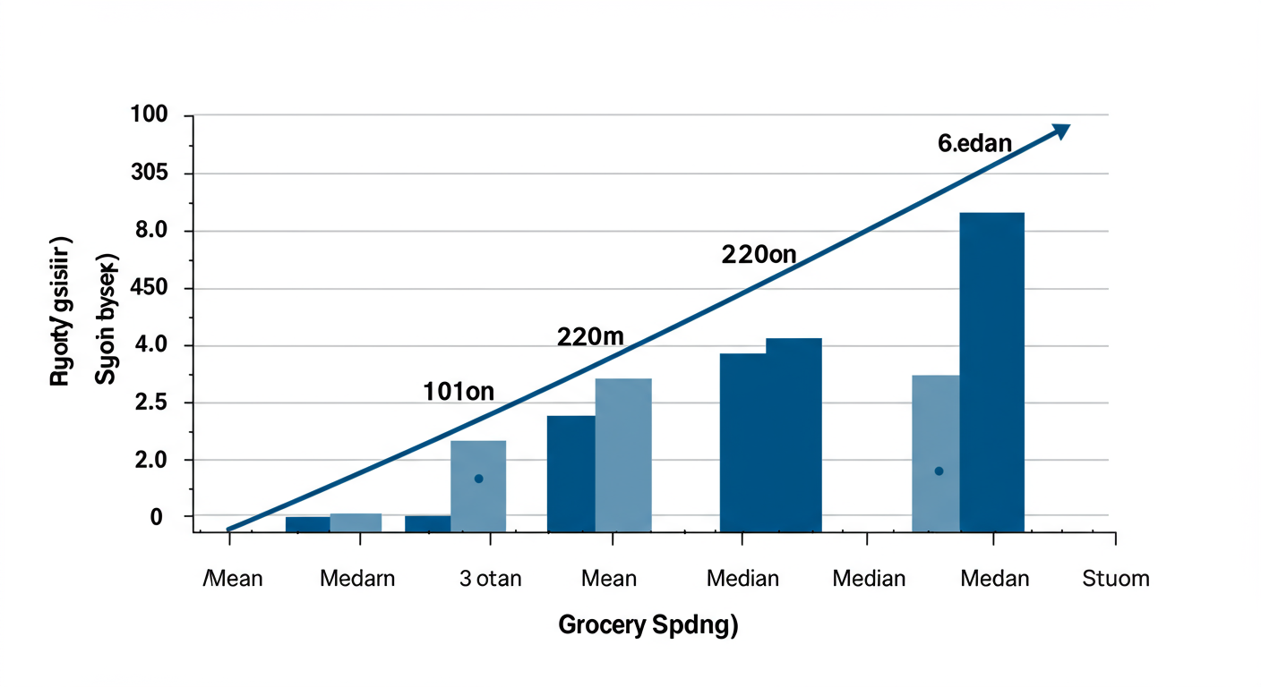 Average Number Calculator - A simple data trend graph showing six data points for monthly grocery spending. One point is a clear outlier. A line for the 'Mean' is pulled up by the outlier, while a line for the 'Median' sits more centrally among the other five points.