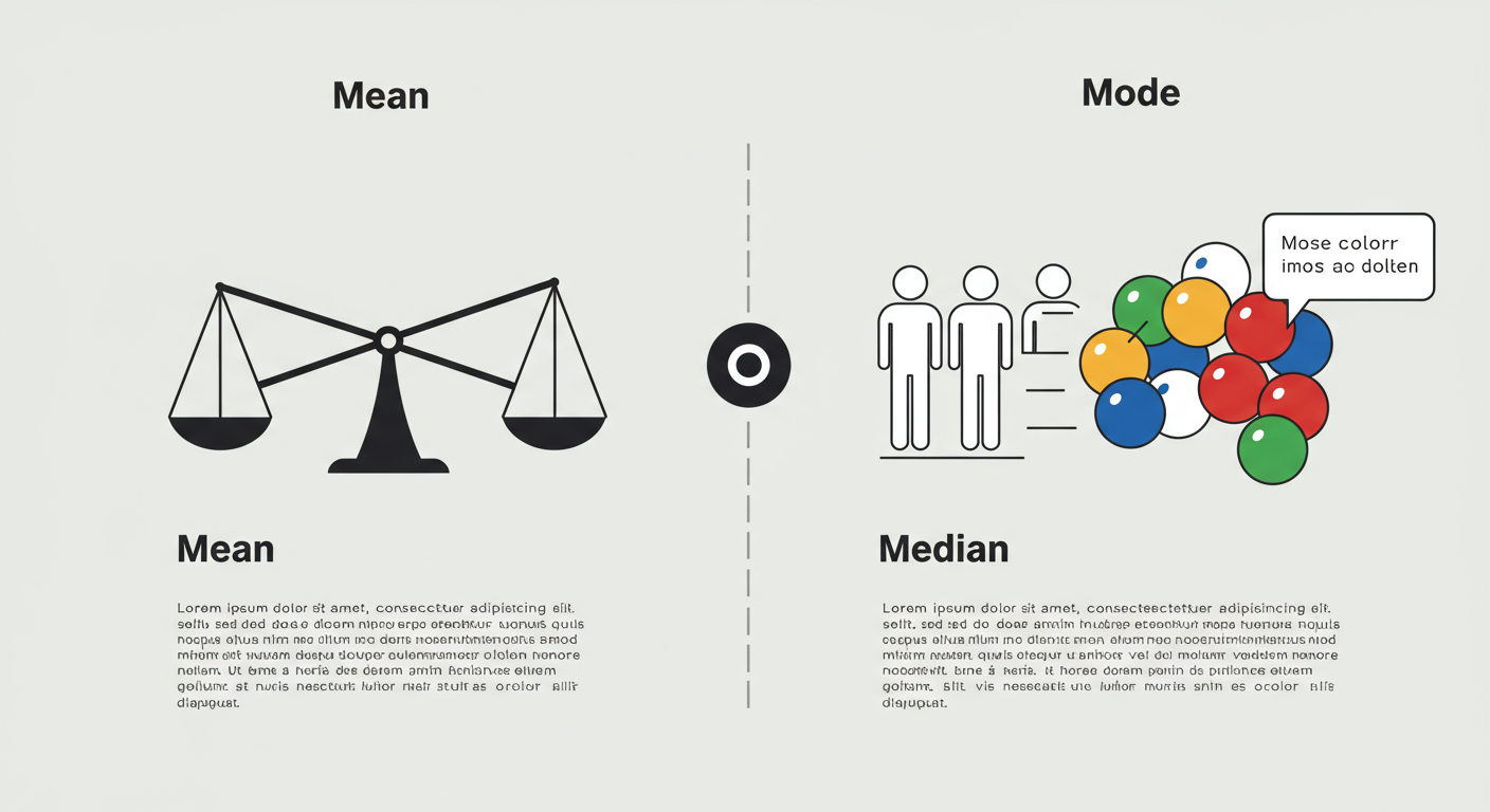 Average Number Calculator - A clean, professional infographic visually comparing Mean, Median, and Mode. For Mean, show a balanced scale. For Median, show a line of people with the person in the middle highlighted. For Mode, show a group of colored balls with one color appearing most often.