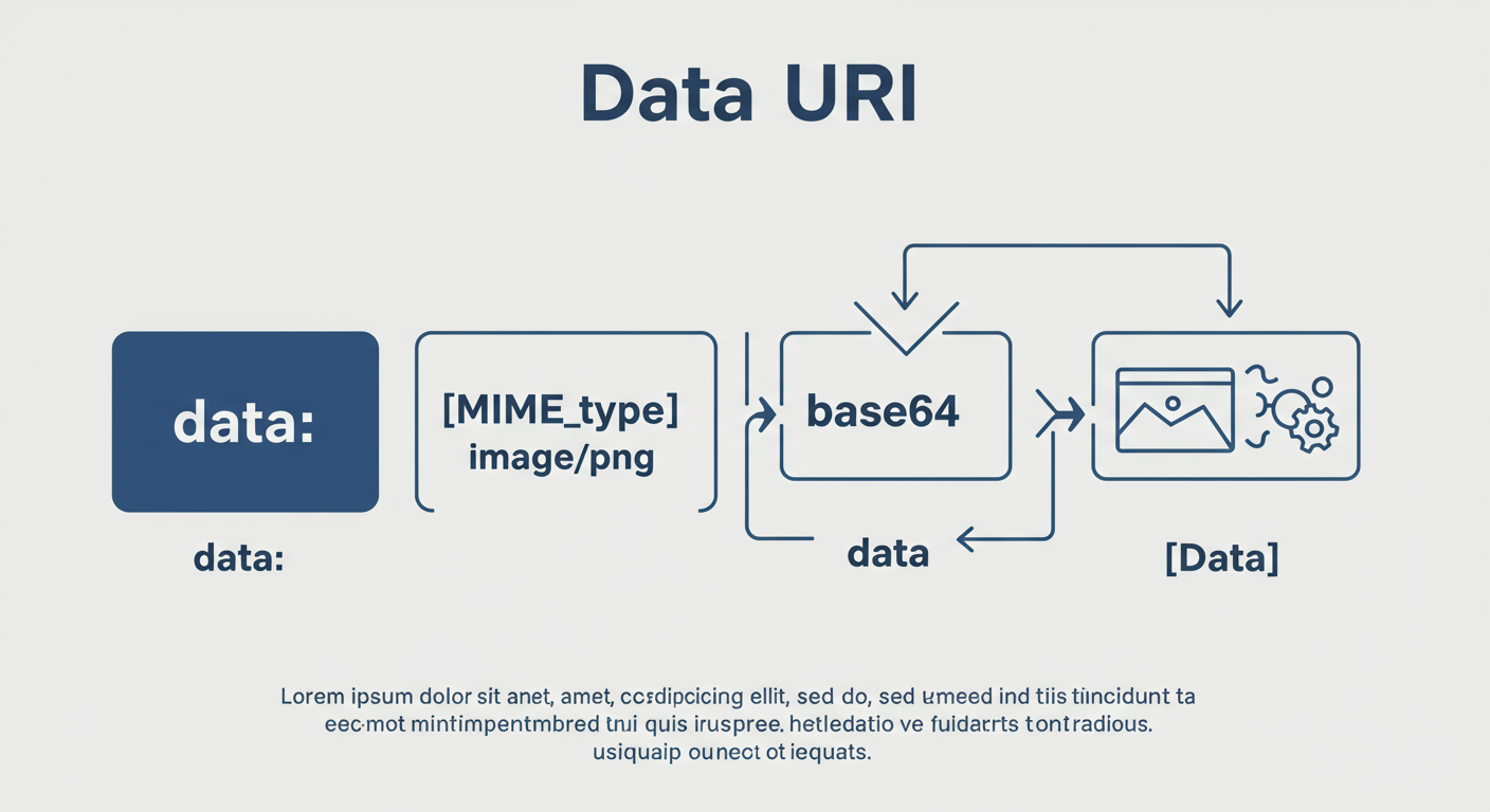 convert Base64 to image - Clean infographic diagram explaining the structure of a Data URI. It should show boxes for "data:", "[MIME_type
