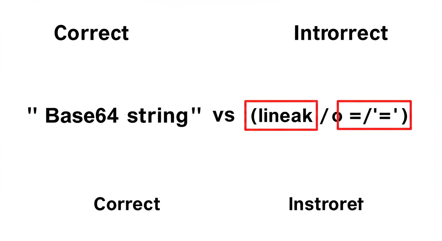 convert Base64 to image - A high-quality graphic comparing a correct vs. incorrect Base64 string. The correct one is a solid block of text ending in '=='. The incorrect one has a line break in the middle and is missing the final '=' character, with these errors highlighted in red.