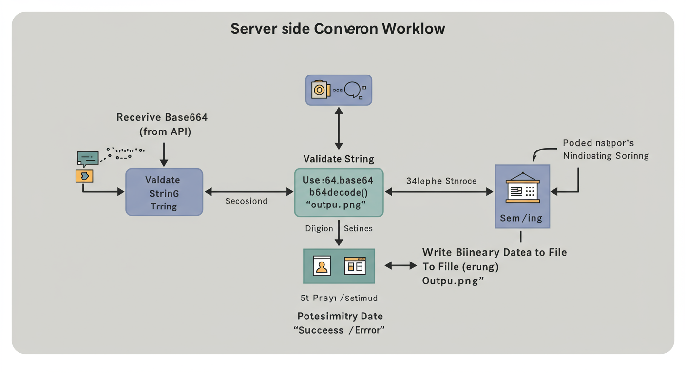 convert Base64 to image - Professional minimalist flowchart showing the server-side conversion workflow. Steps: 1. Receive Base64 String (from API). 2. Validate String. 3. Use base64.b64decode(). 4. Write Binary Data to File ('output.png'). 5. Return Success/Error.