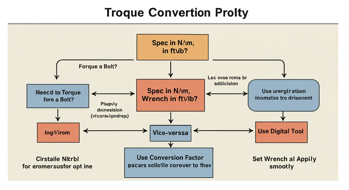 Torque Conversion - Professional minimalist flowchart showing the torque conversion decision process. It starts with 'Need to Torque a Bolt?'. Branches lead to 'Spec in N·m, Wrench in ft·lb?' and vice-versa. It then flows to 'Use Conversion Factor' or 'Use Digital Tool', and finally ends at 'Set Wrench and Apply Smoothly'.