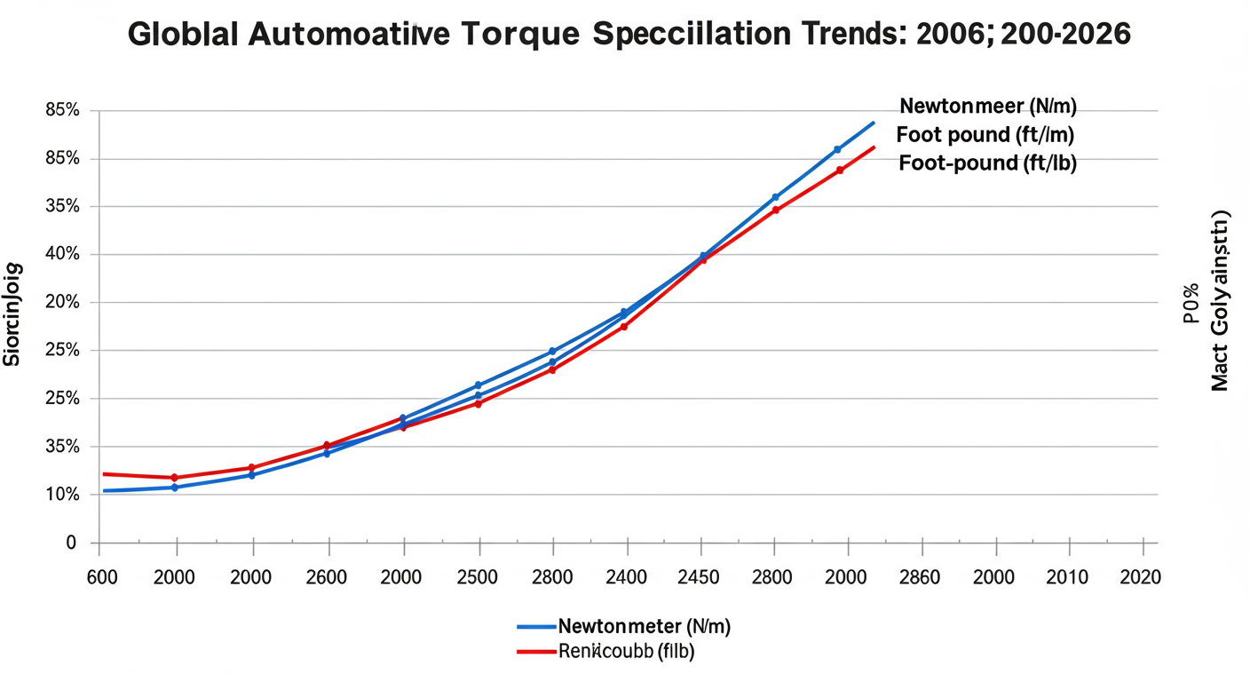 Torque Conversion - Data trend graph titled 'Global Automotive Torque Specification Trends: 2006-2026'. The x-axis shows the years. The y-axis shows percentage. A blue line labeled 'Newton-meter (N·m)' trends upwards from ~60% to ~85%. A red line labeled 'Foot-pound (ft·lb)' trends downwards from ~35% to ~10%.