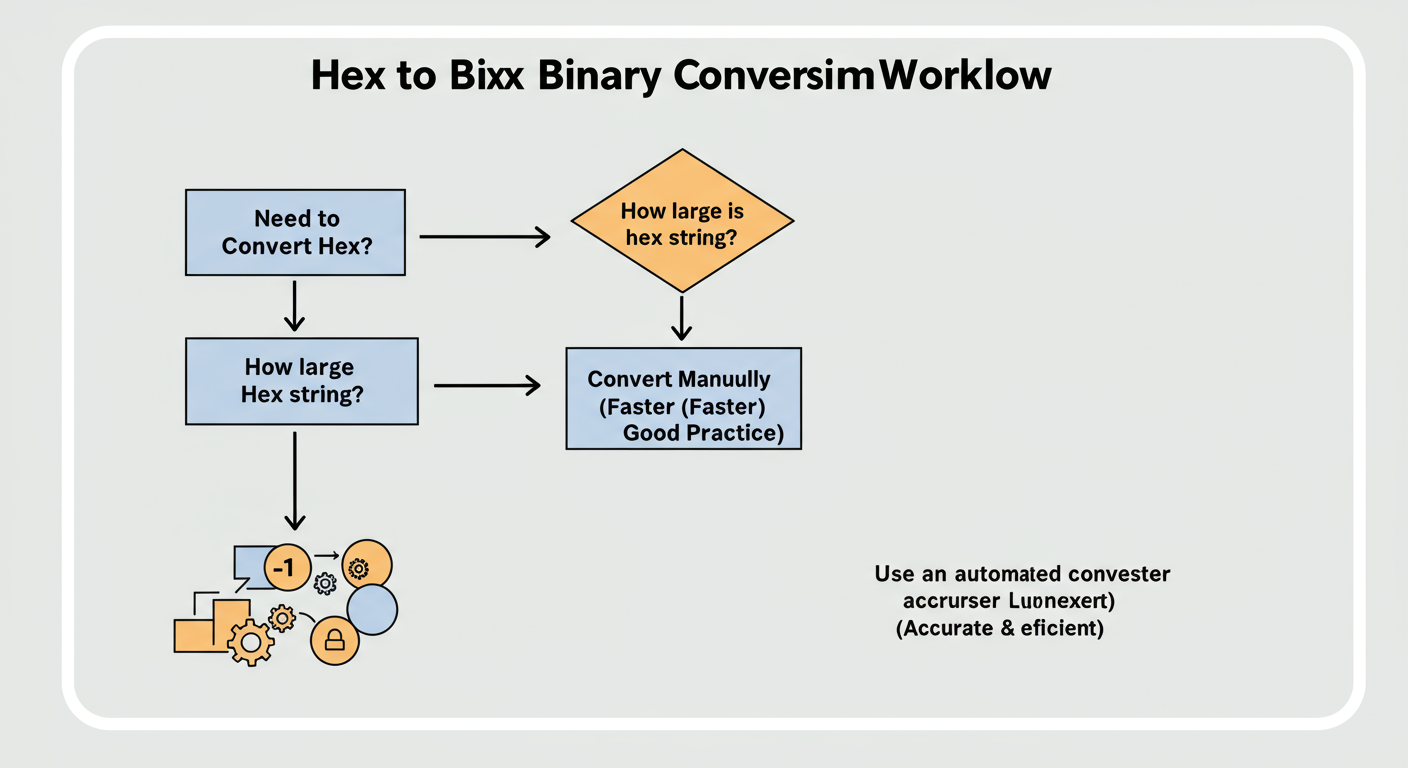 Hex to Binary Converter - A clean, modern flowchart diagram titled "Hex to Binary Conversion Workflow". It starts with a box "Need to Convert Hex?". An arrow leads to a diamond "How large is the hex string?". One path says "1-4 Digits" leading to a box "Convert Manually (Faster & Good Practice)". The other path says "5+ Digits or Repetitive Task" leading to a box "Use an Automated Converter (Accurate & Efficient)".