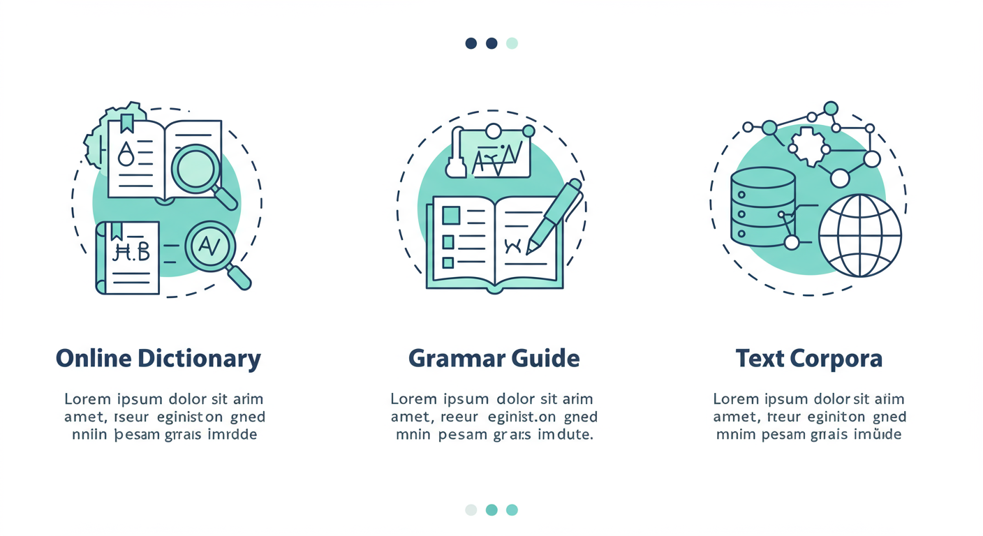 Translate to Anglo-Saxon - A clean, professional graphic comparing three types of translation tools: Online Dictionaries, Grammar Guides, and Text Corpora, with icons and brief descriptions for each.