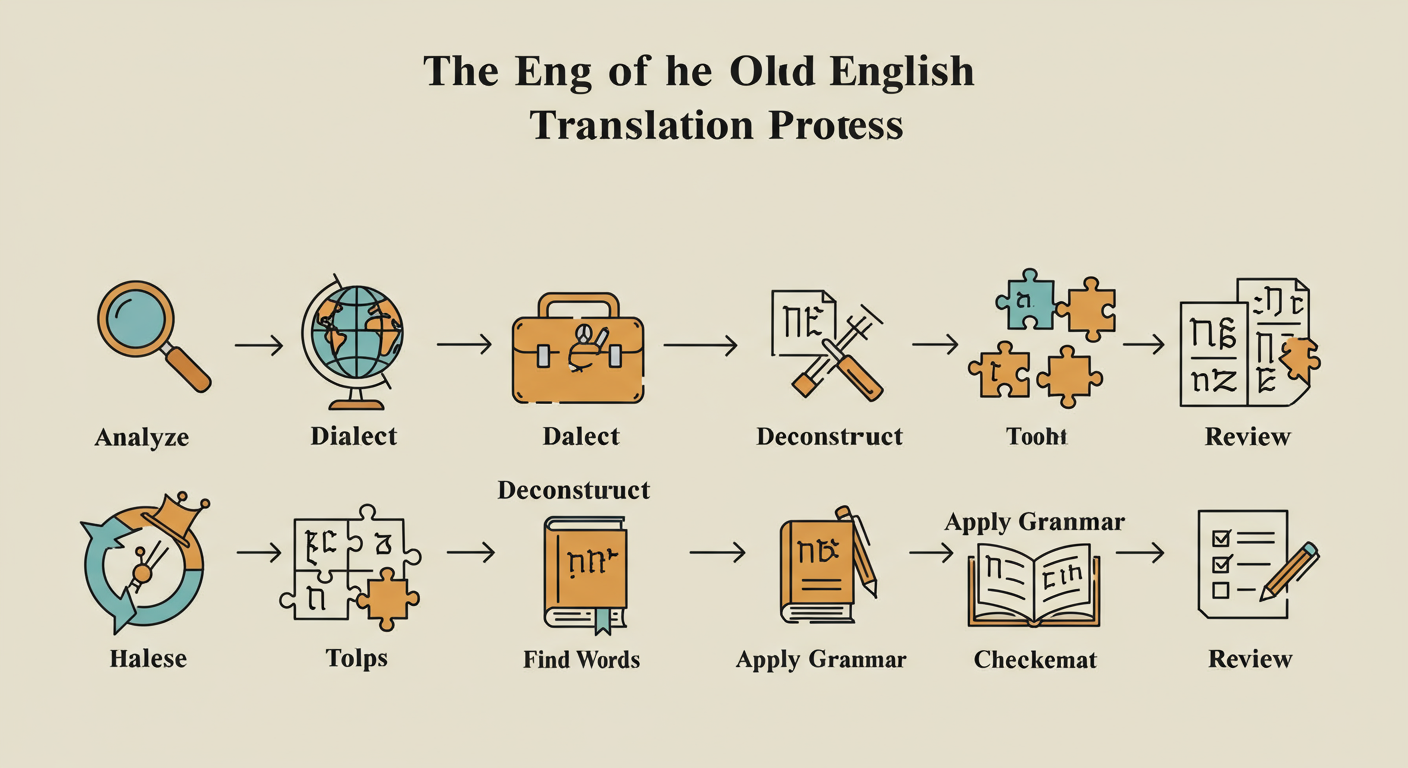 Translate to Anglo-Saxon - A minimalist flowchart diagram illustrating the 7 steps of the Old English translation process, with icons for each step: Analyze, Dialect, Tools, Deconstruct, Find Words, Apply Grammar, Review.