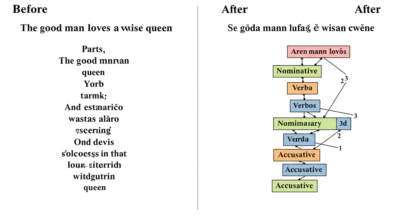 Translate to Anglo-Saxon - A high-quality graphic showing a "before and after" of the sentence translation. Left side shows "The good man loves the wise queen" with parts of speech labeled. Right side shows "Se gōda mann lufaþ þā wīsan cwēne" with lines connecting the words to their grammatical roles: Nominative, Verb (3rd Person), Accusative.