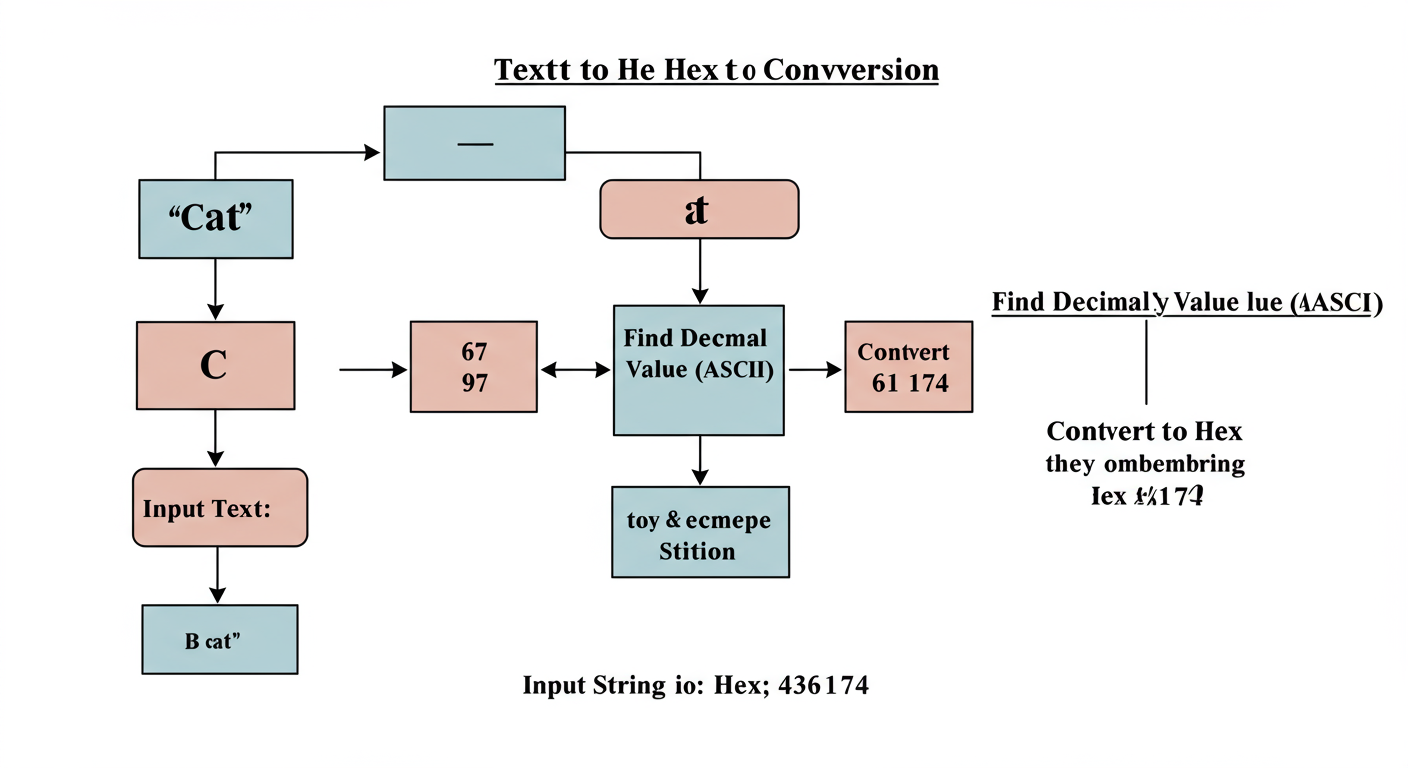 text to hex conversion - Professional minimalist flowchart showing the workflow of text to hex conversion. Start with 'Input Text: "Cat"', branch to 'C', 'a', 't'. Each letter then goes to 'Find Decimal Value (ASCII)', showing '67', '97', '116'. Each decimal then goes to 'Convert to Hex', showing '43', '61', '74'. Finally, they combine into 'Hex String: 436174'.