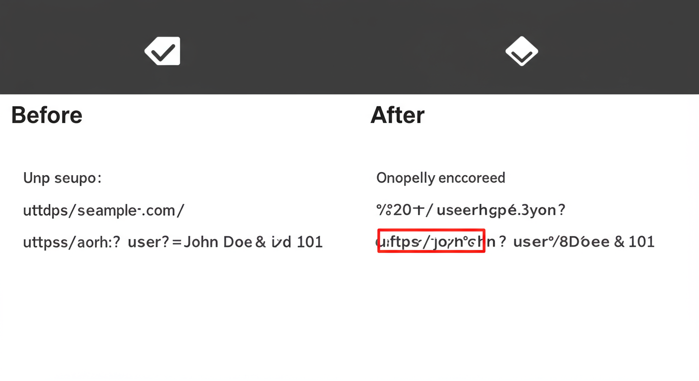 text to hex conversion - A "before and after" graphic. The 'Before' side shows a URL: https://example.com/search?user=John Doe&id=101. The 'After' side shows the properly encoded URL: https://example.com/search?user=JohnDoe&id=101, with the '' highlighted.