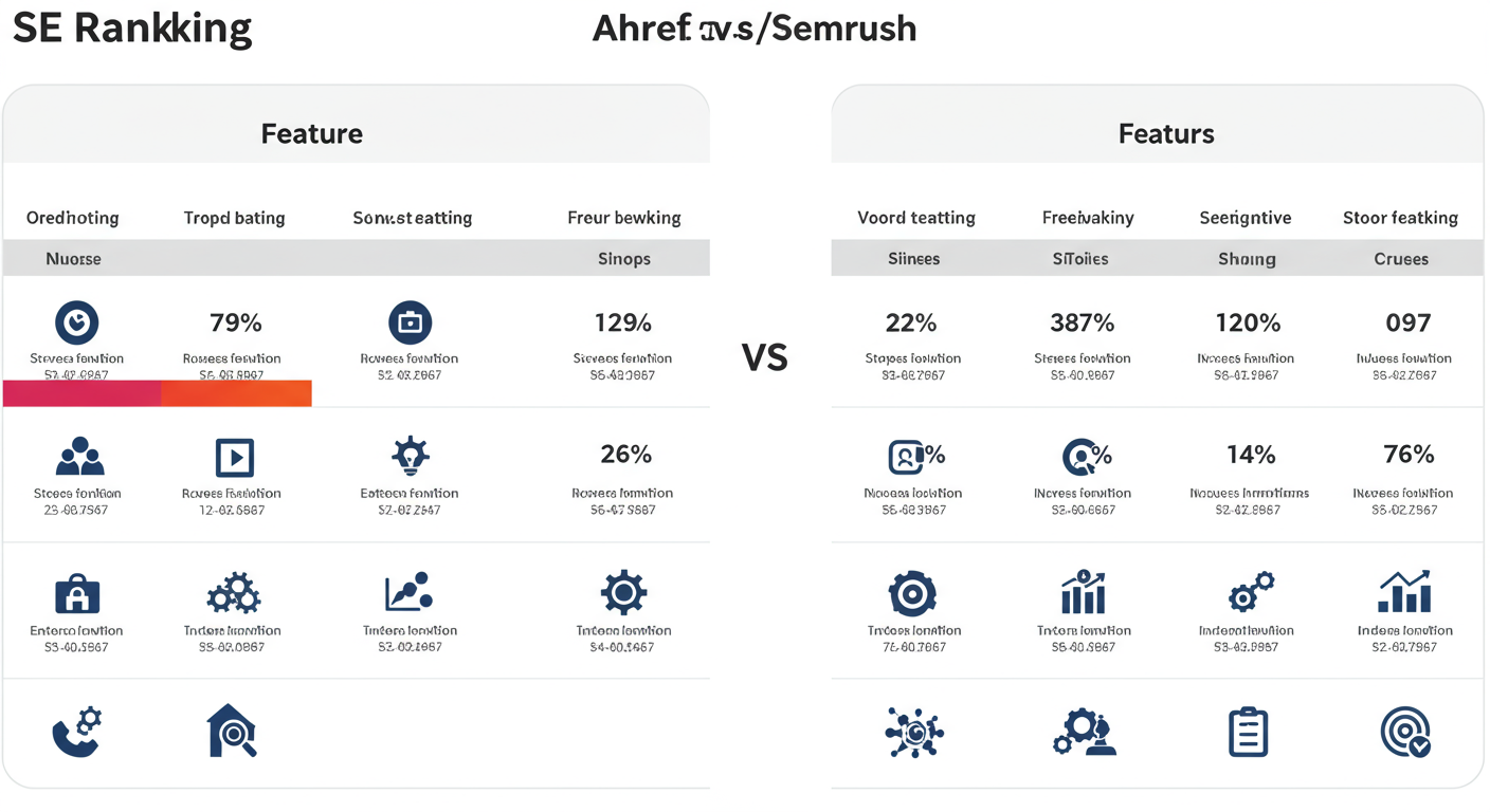 SE Ranking review - A high-quality graphic version of the SE Ranking vs. Ahrefs/Semrush comparison table above, using brand colors and icons for visual appeal.