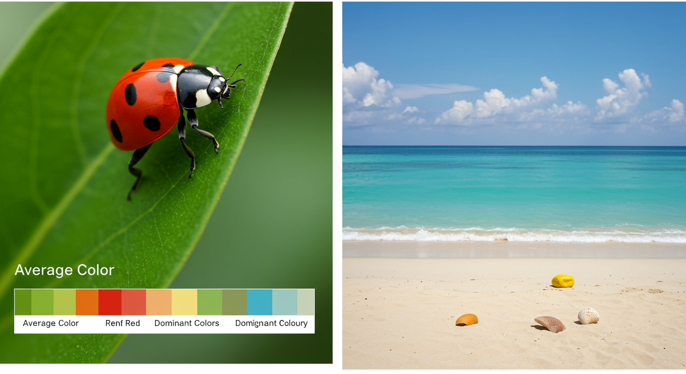 average color of an image - A high-quality infographic visually comparing two images. The first image shows a ladybug on a large green leaf, with a color swatch below labeled "Average Color" (a muted green) and another swatch labeled "Dominant Colors" (a vibrant red and a leaf green). The second image shows a beach scene, with the "Average Color" being a light sandy-blue and "Dominant Colors" being a bright sky blue and a sandy beige.