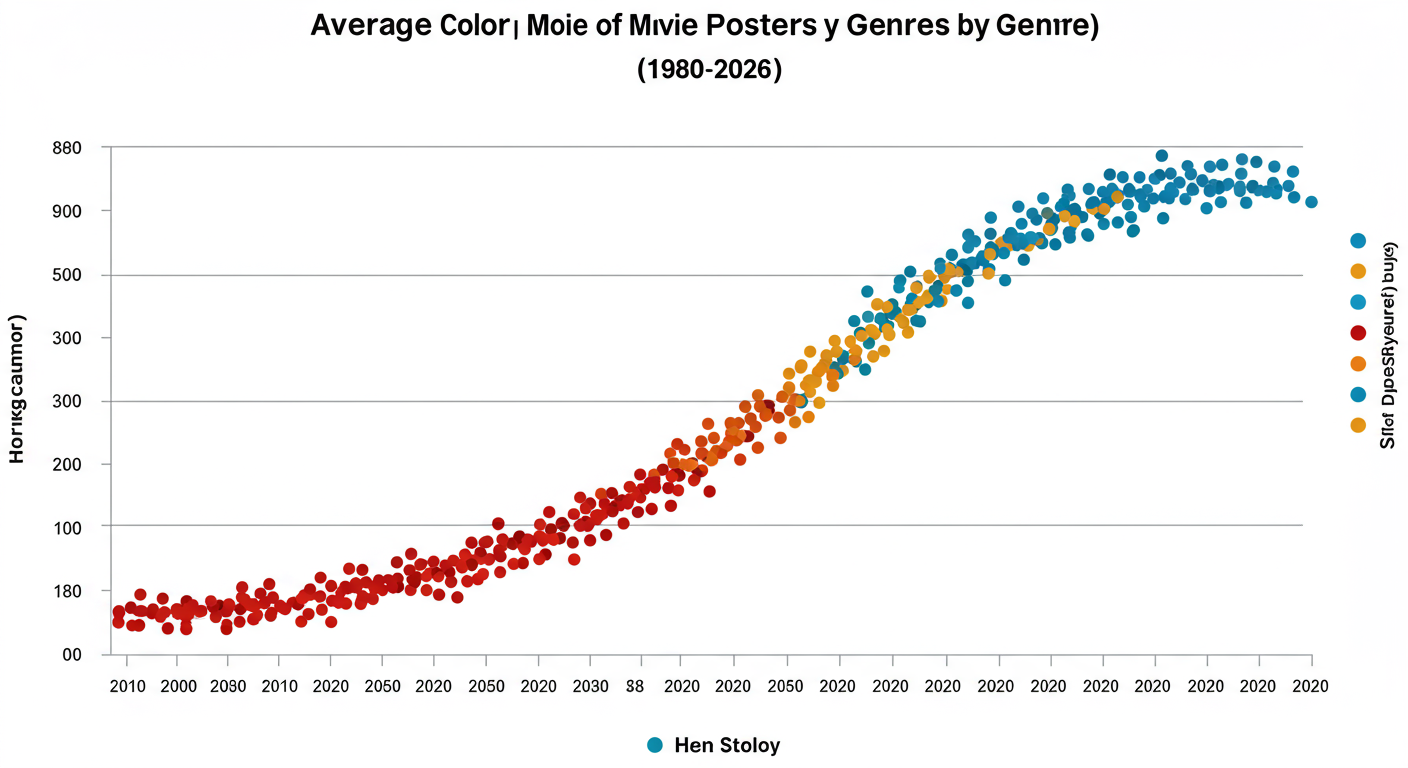 average color of an image - A professional data visualization graph titled "Average Color of Movie Posters by Genre (1980-2026)". The x-axis is the year, and the y-axis shows different genres (Horror, Comedy, Sci-Fi). The graph uses colored dots (representing the average color of posters for that year/genre) to show trends, like Horror dots getting darker over time.