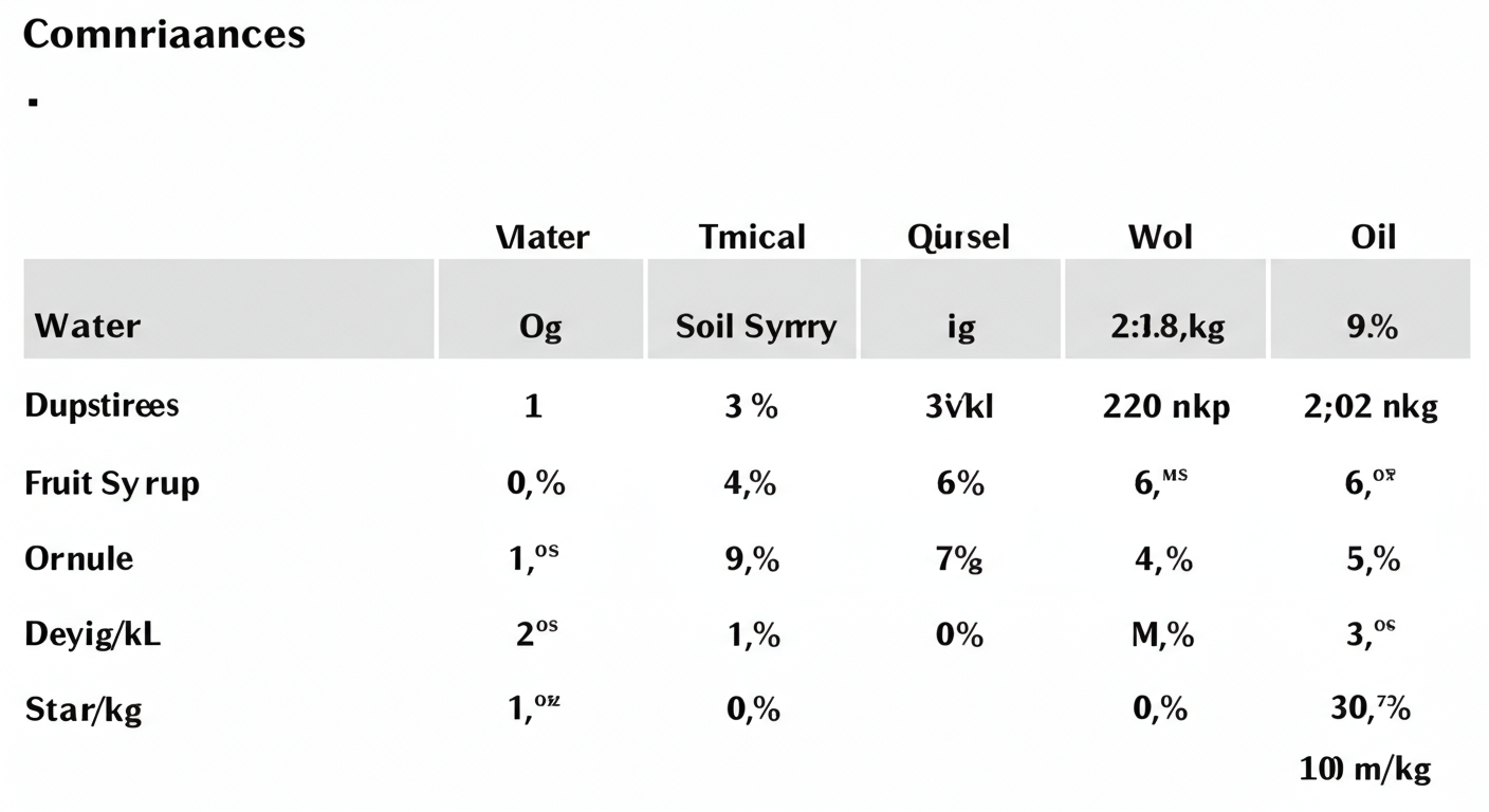 mg/L to mg/kg conversion - high-quality graphic of a comparison table showing different substances (Water, Soil Slurry, Fruit Syrup, Oil), their typical densities, and the resulting mg/kg value from a starting 100 mg/L value.