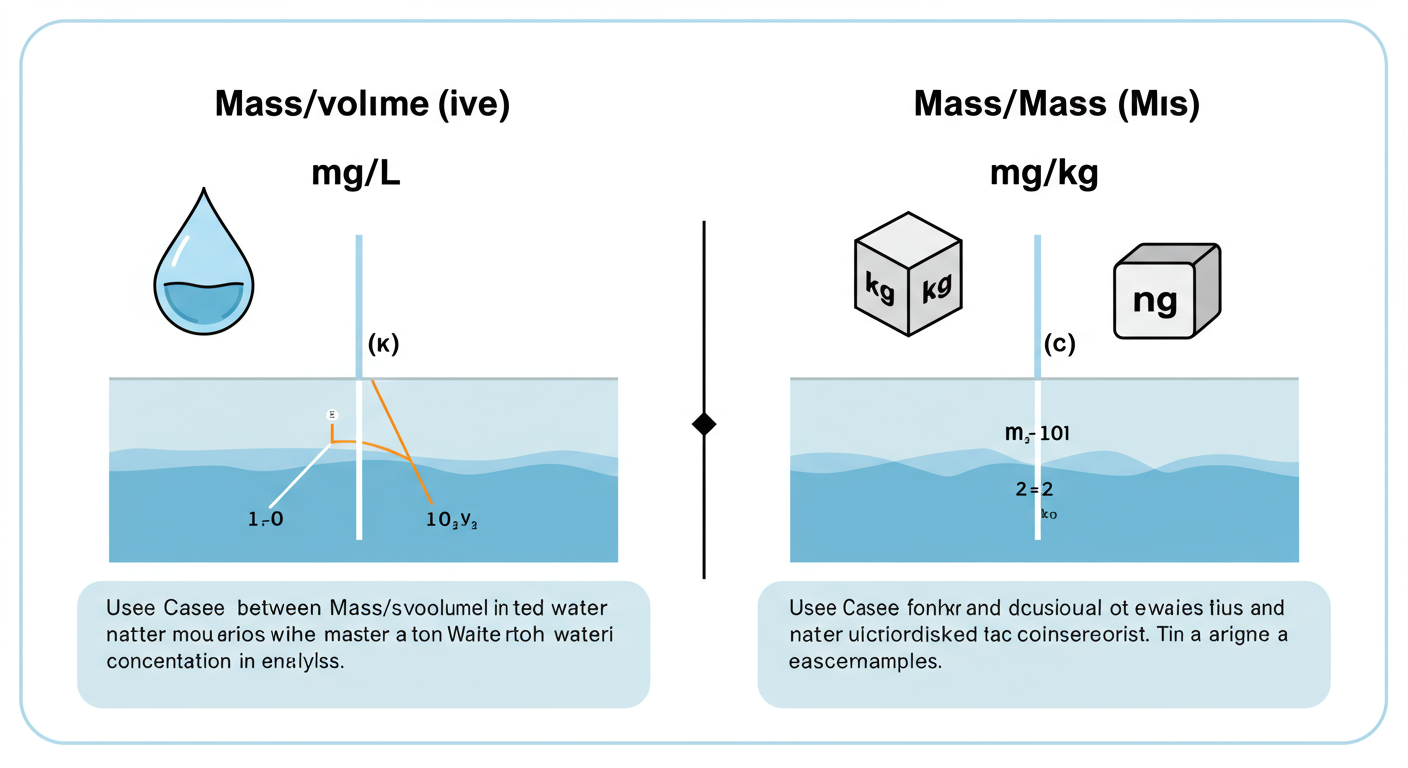 mg/L to mg/kg conversion - educational infographic explaining the difference between mass/volume (mg/L) and mass/mass (mg/kg) concentration, using visual icons for volume and mass.