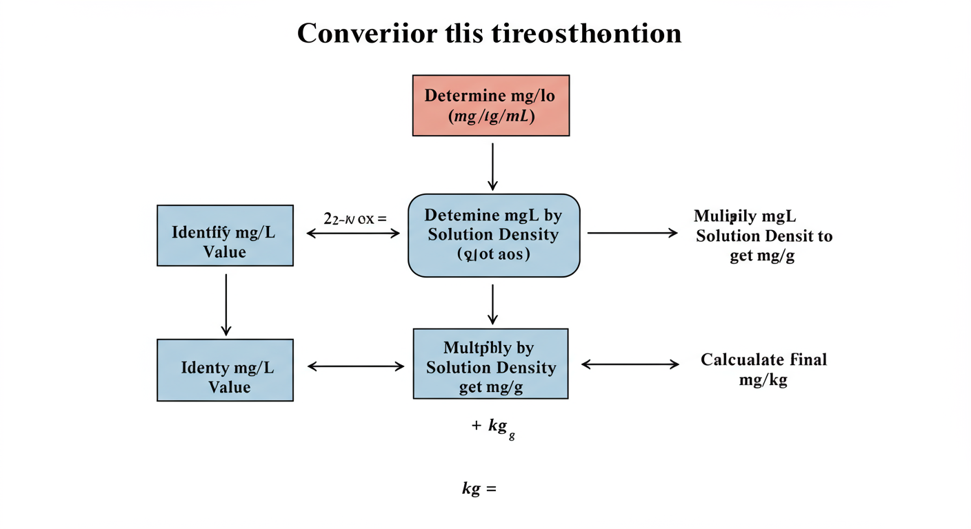 mg/L to mg/kg conversion - professional minimalist flowchart showing the 4-step process for mg/L to mg/kg conversion, starting with 'Identify mg/L Value' and ending with 'Calculate Final mg/kg'.