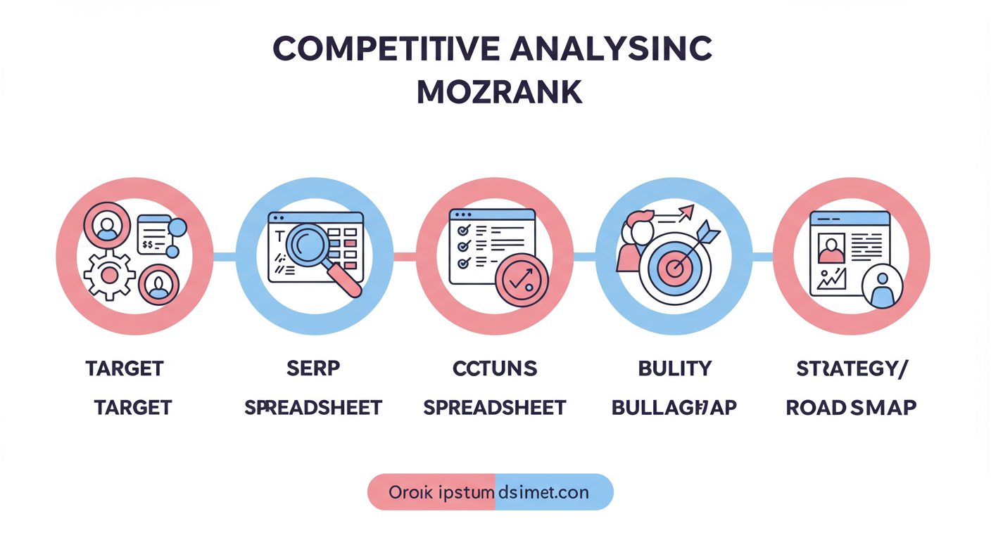 MozRank Checker - A clean, step-by-step diagram illustrating the 5 steps of competitive analysis using MozRank. Each step is a box with an icon: 1. Target icon, 2. Magnifying glass over a SERP, 3. Spreadsheet icon, 4. Bullseye icon, 5. Strategy/roadmap icon.