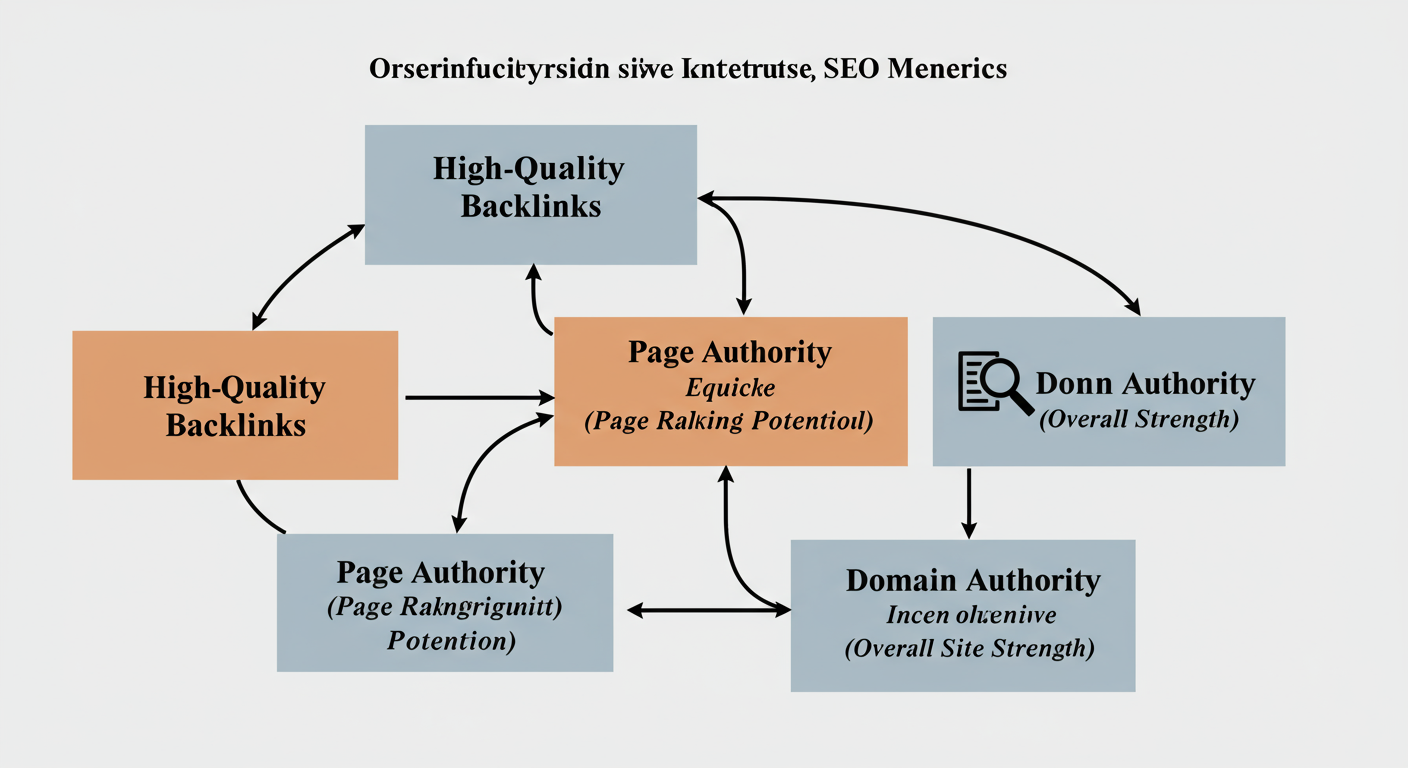 MozRank Checker - Professional minimalist flowchart showing the relationship between SEO metrics. A box labeled "High-Quality Backlinks" points to a box for "MozRank (Link Equity)". The MozRank box then points to "Page Authority (Page Ranking Potential)", which in turn points to "Domain Authority (Overall Site Strength)".