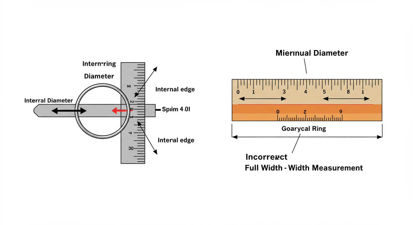 ring size converter - Detailed diagram showing a ring on a ruler, with arrows clearly indicating the measurement of the *internal diameter* only, contrasting it with the incorrect full-width measurement.