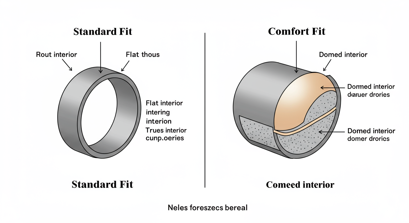 ring size converter - A clean, minimalist infographic showing a cross-section of a 'Standard Fit' ring (flat interior) next to a 'Comfort Fit' ring (domed interior), with labels explaining the difference.