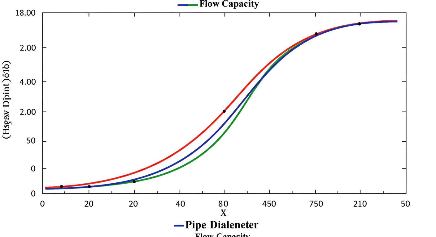 area pipe calculator - A dramatic data trend graph showing an exponential curve. The X-axis is 'Pipe Diameter' and the Y-axis is 'Flow Capacity'. The line should start slow and then curve sharply upwards, visually demonstrating how a small increase in diameter leads to a huge increase in flow.