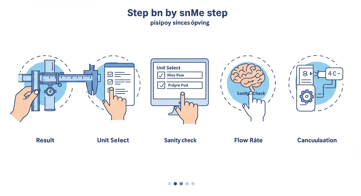 area pipe calculator - A clean, minimalist step-by-step diagram showing the 5 steps: 1. A hand using a caliper on a pipe. 2. A computer screen with unit selection highlighted. 3. A finger typing a number into a field. 4. A brain icon next to the result, indicating 'sanity check'. 5. A flowchart showing the result feeding into 'Flow Rate' and 'Volume' calculations.