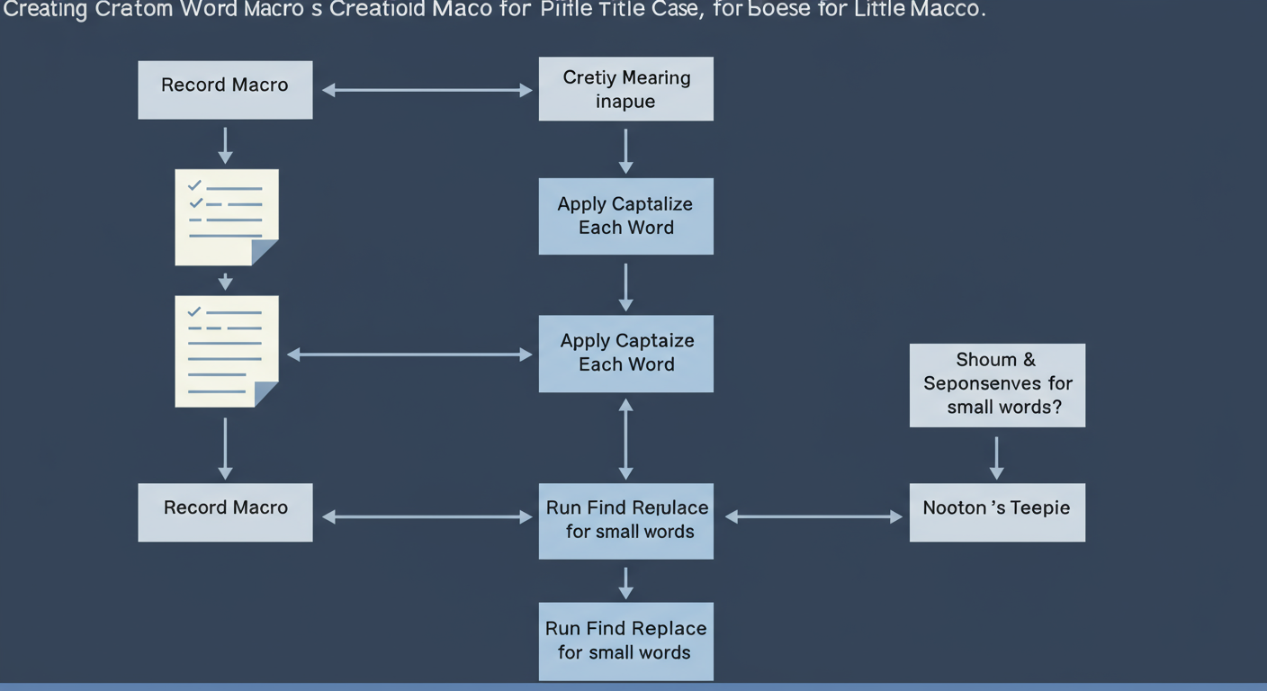 MS Word change case - A minimalist flowchart showing the process of creating a custom Word macro for perfect Title Case, starting from 'Record Macro' to 'Apply Capitalize Each Word' to 'Run Find & Replace for small words'.