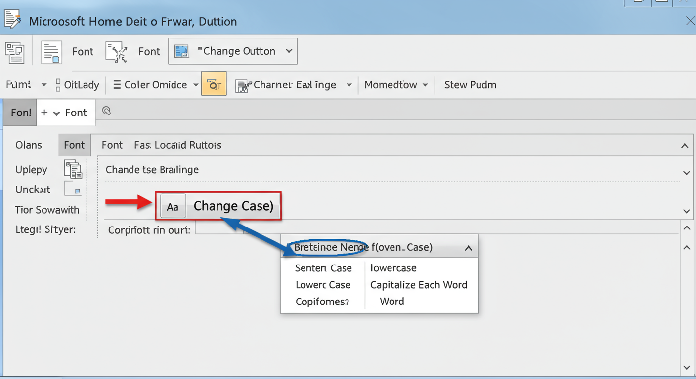 MS Word change case - Step-by-step diagram showing the location of the 'Change Case' (Aa) button on the MS Word Home tab ribbon, with an arrow pointing to the dropdown menu options.