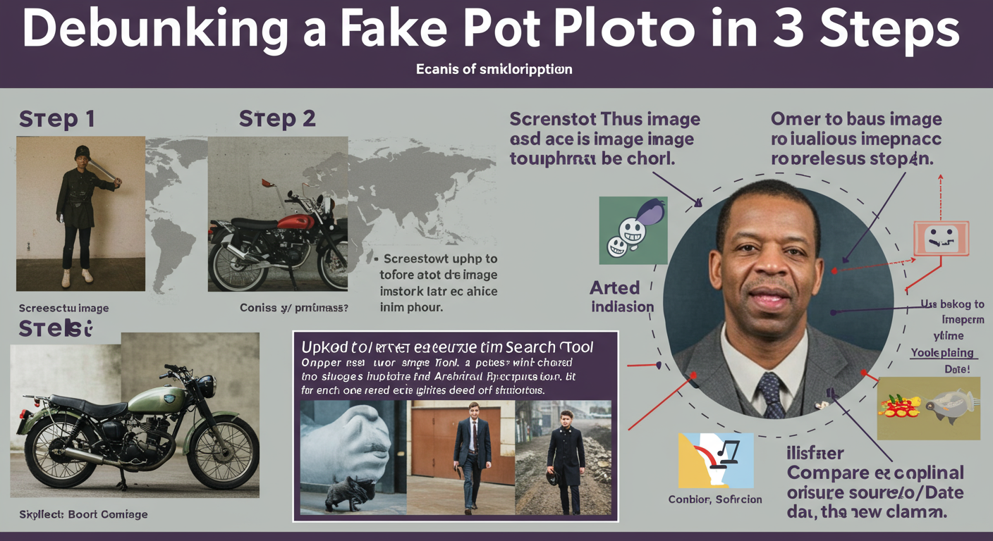 reverse image search - Educational infographic titled 'Debunking a Fake Photo in 3 Steps'. Step 1: Screenshot the suspicious image. Step 2: Upload to a reverse image search tool. Step 3: Compare the original source/date with the new claim.