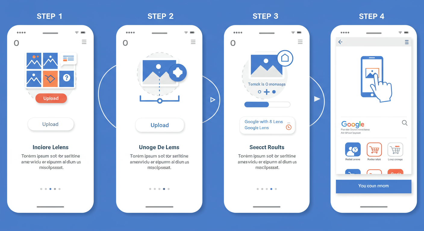 reverse image search - A step-by-step diagram showing the 4 steps of a reverse image search on a smartphone, from tapping 'Upload' to viewing Google results.