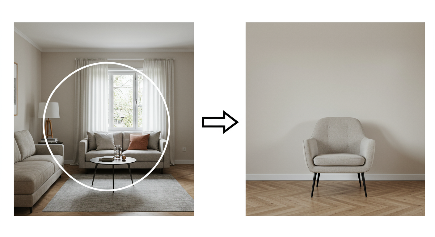 reverse image search - A simple visual comparison chart. On the left, a full living room photo with a chair circled. On the right, the same photo cropped to just the chair. An arrow points from left to right with the text 'For Better Results'.