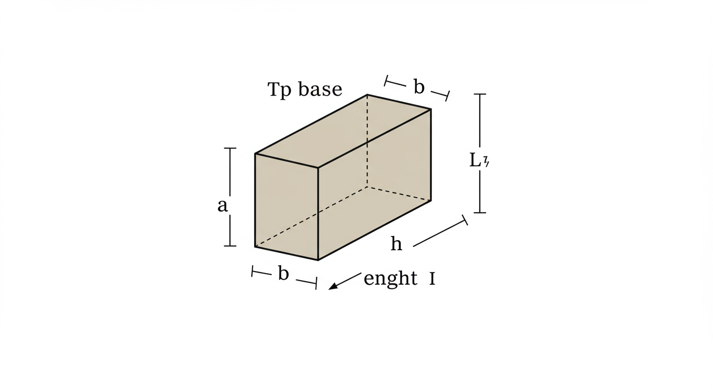 trapezoid volume calculator - Professional annotated diagram of a trapezoidal prism, clearly labeling the top base 'a', bottom base 'b', height 'h', and length 'L'. Use clean lines and a modern, minimalist style.