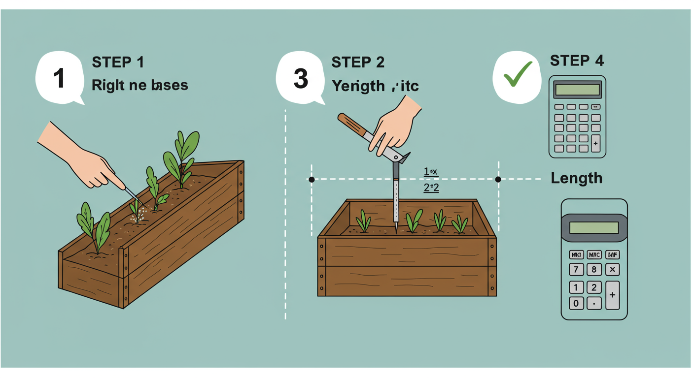 trapezoid volume calculator - Simple step-by-step infographic showing a person measuring a trapezoidal garden bed. Step 1 points to the bases, Step 2 shows a right-angle tool measuring height, Step 3 shows measuring the length, and Step 4 shows a calculator with a checkmark for 'Unified Units'.