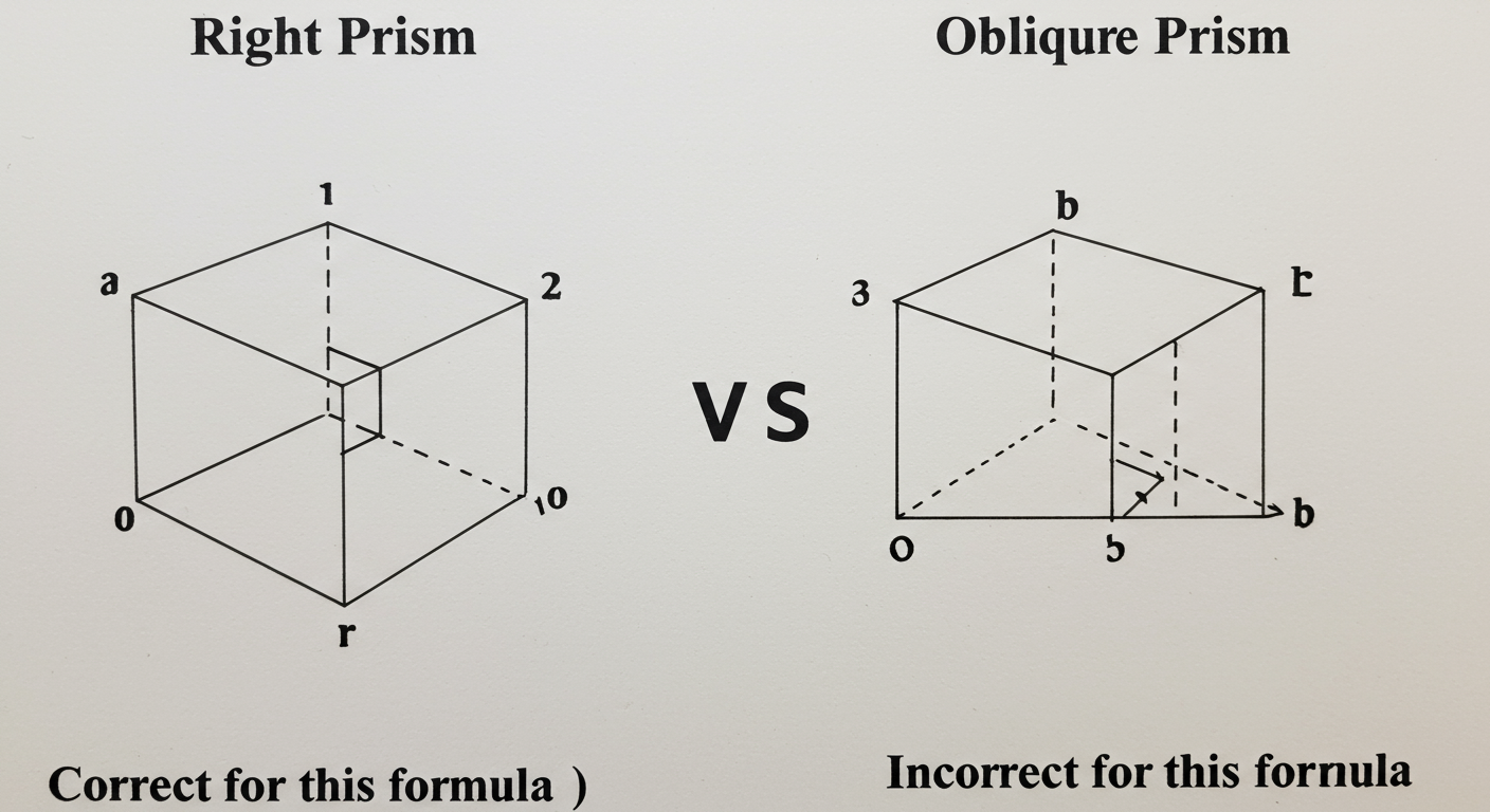 trapezoid volume calculator - A high-quality graphic comparing a 'Right Prism' (straight sides, 90-degree angles shown) vs. an 'Oblique Prism' (leaning, with angles other than 90 degrees shown). Label them 'Correct for this formula' and 'Incorrect for this formula'.