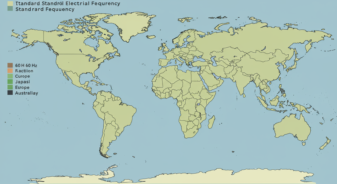 Hz to Watts - A world map infographic clearly color-coding countries by their standard electrical frequency, with a key for 60 Hz (e.g., North America, Japan, Brazil) and 50 Hz (e.g., Europe, China, Australia, India).