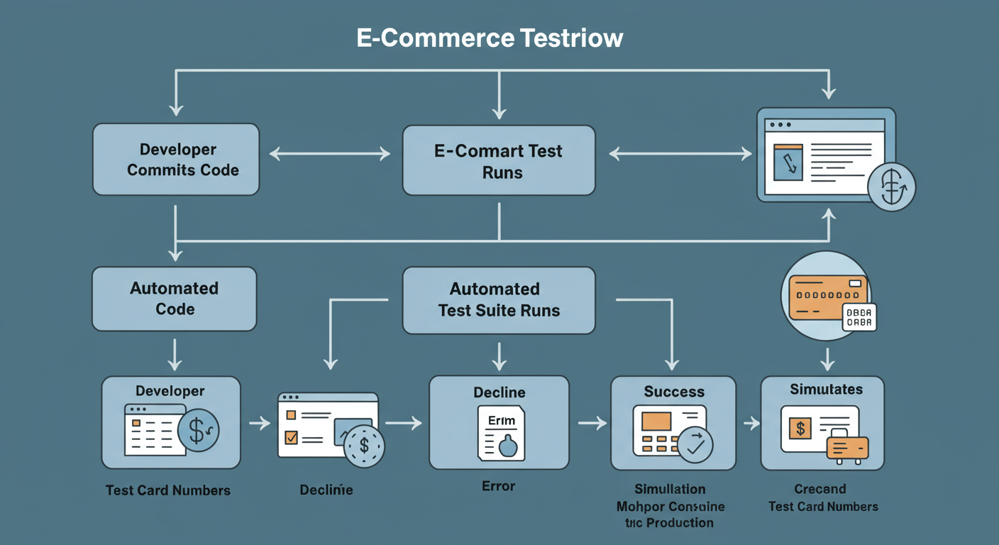 targeta de crédito falsa generar - Professional flowchart diagram showing the e-commerce testing workflow. It starts with 'Developer Commits Code', branches to 'Automated Test Suite Runs', which uses 'Test Card Numbers' to simulate 'Success', 'Decline', and 'Error' scenarios before deploying to production.