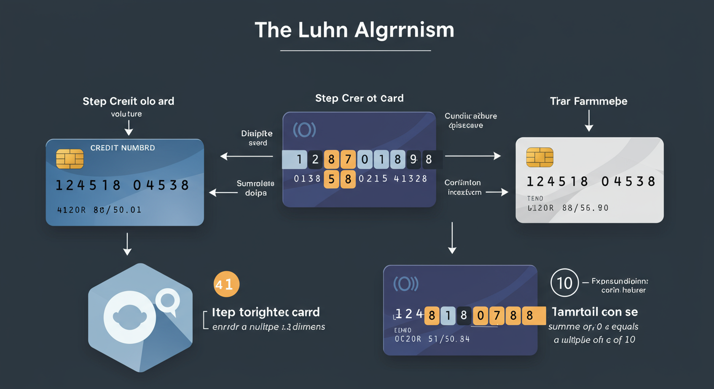 targeta de crédito falsa generar - Clean and modern infographic visually explaining the steps of the Luhn algorithm with a sample credit card number, showing which digits are doubled and how they are summed up to equal a multiple of 10.