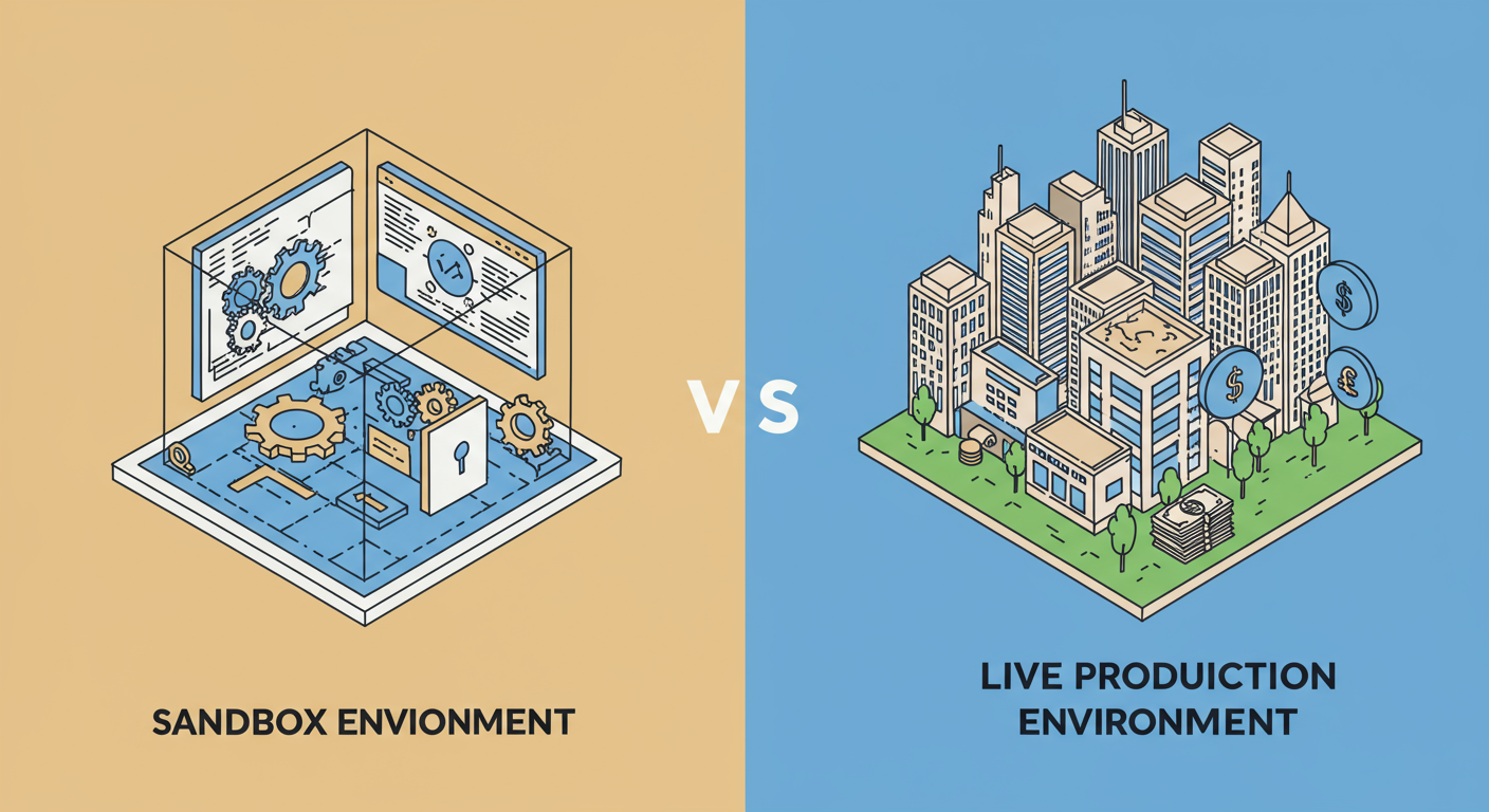 targeta de crédito falsa generar - A high-contrast graphic comparing a 'Sandbox Environment' (depicted as a safe, enclosed blueprint area with gears and code) versus a 'Live Production Environment' (depicted as a real-world city with money and transaction icons), with a clear dividing line between them.