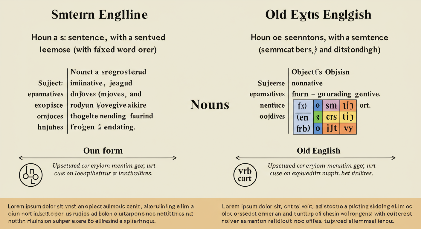 English to Old English translator - Educational infographic comparing a simple sentence in Modern English (with fixed word order) and Old English (with flexible word order due to case endings), highlighting the different noun forms.