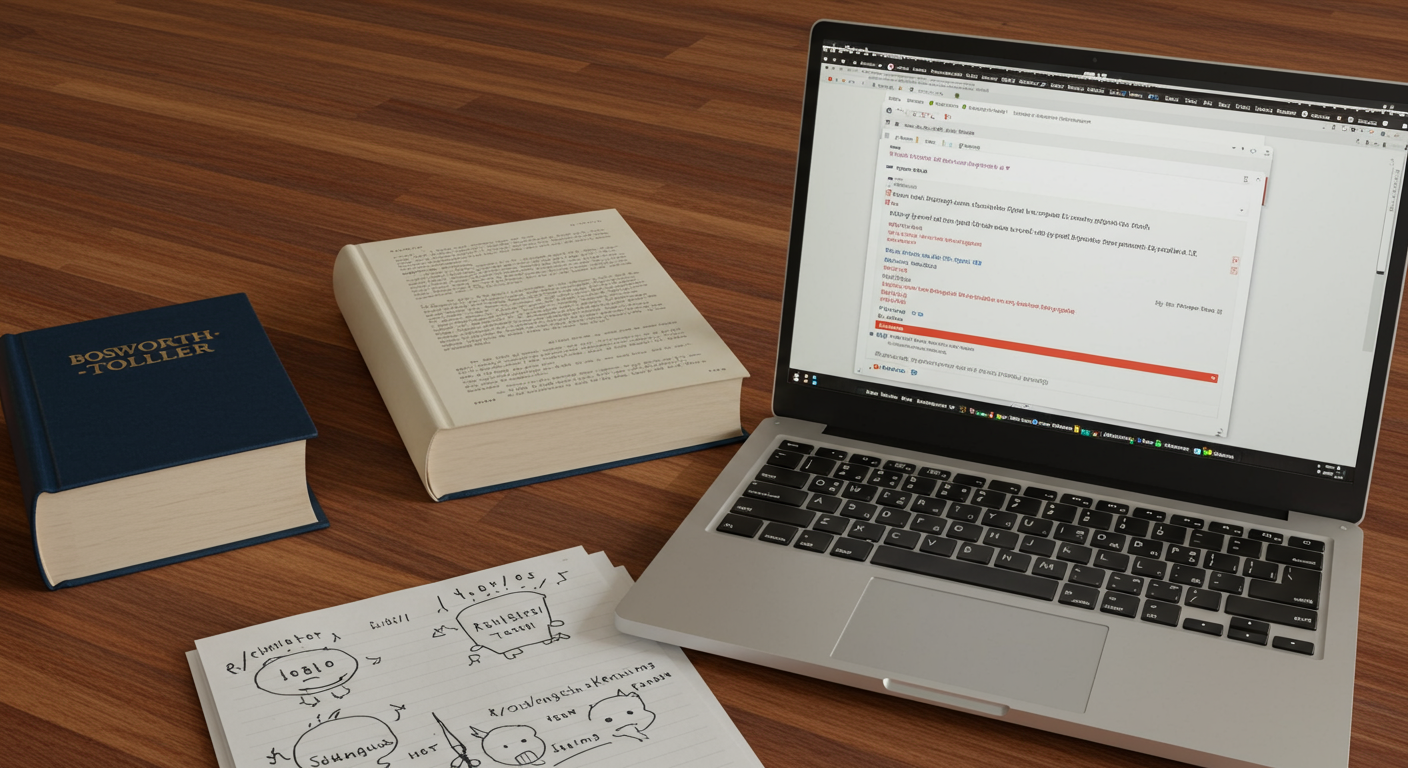 English to Old English translator - A high-quality graphic of a "scholar's toolkit" on a wooden desk, featuring an open book (Bosworth-Toller), a laptop with the r/oldenglish subreddit open, and a notebook with hand-drawn kennings.