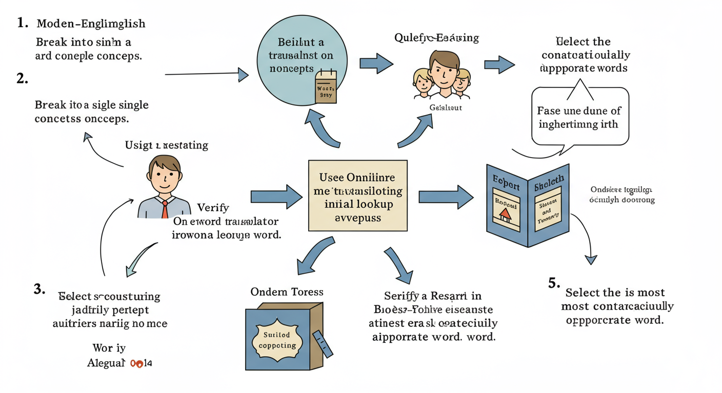 English to Old English translator - A step-by-step diagram showing the workflow: 1. Modern English phrase -> 2. Break into single concepts -> 3. Use online translator for initial lookup -> 4. Verify and research in Bosworth-Toller Dictionary -> 5. Select the most contextually appropriate word.