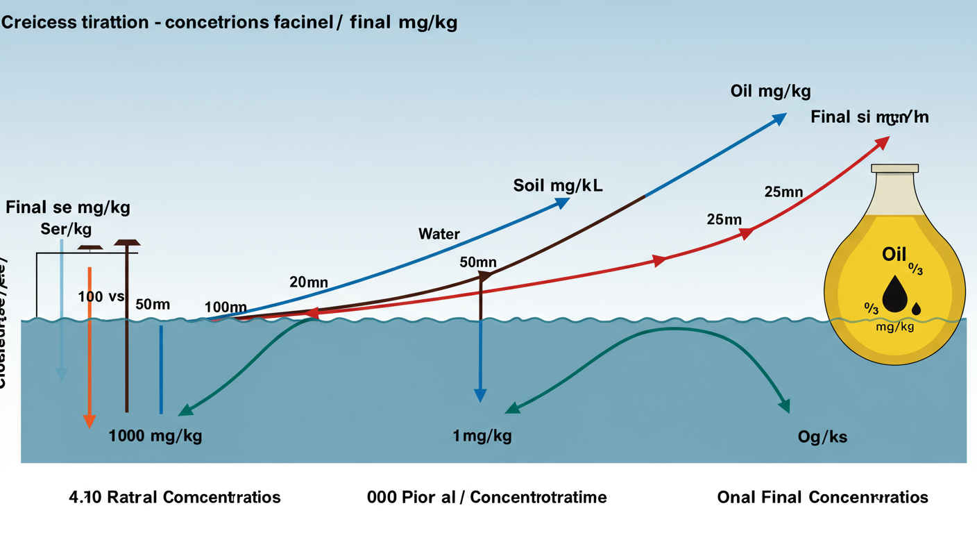 convert mg/kg to mg/L - Educational infographic visually comparing the final mg/L concentration for water, soil, and oil all starting from the same 100 mg/kg value, showing vastly different results.