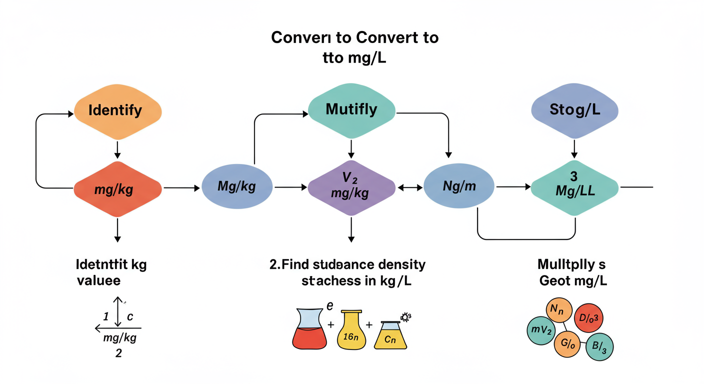 convert mg/kg to mg/L - Professional minimalist flowchart showing the 3-step process to convert mg/kg to mg/L: 1. Identify mg/kg value, 2. Find substance density in kg/L, 3. Multiply to get mg/L.