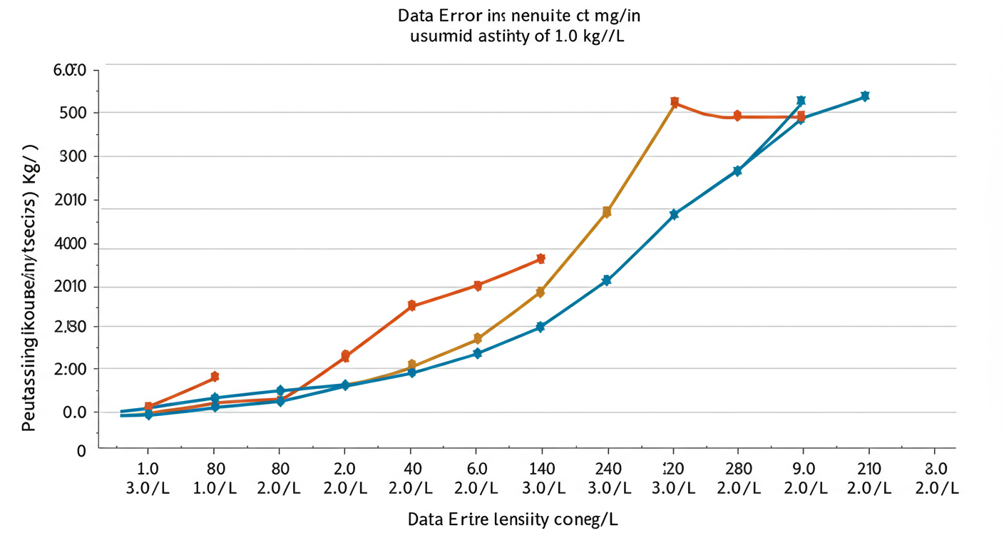 convert mg/kg to mg/L - Data trend graph showing the percentage error in mg/L conversion when assuming a density of 1.0 kg/L for substances with actual densities ranging from 0.8 to 2.0 kg/L.
