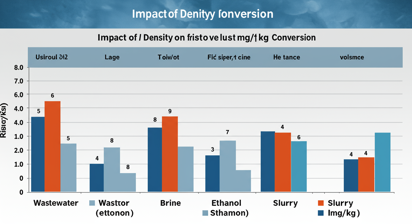 convert mg L to mg kg - A high-quality bar chart graphic visually comparing the results from the table above. Titled "Impact of Density on mg/kg Conversion". Each bar represents a substance (Wastewater, Brine, Ethanol, Slurry) and its height shows the final mg/kg value, dramatically illustrating the difference.